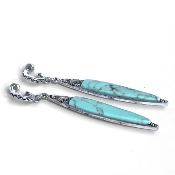 1 LEFT! Handmade Marquis Dangle Turquoise Stone Hoop Lightweight Earrings - Picture 2 of 3